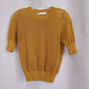 Zara Sz M Mustard Yellow Open Knit Lightweight Sweater Top